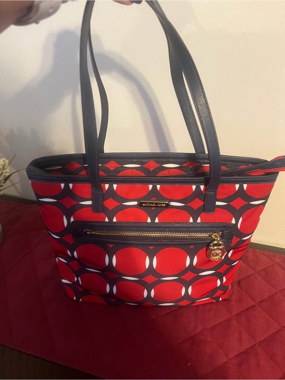 Michael Kors Red and Navy Circle-Print Tote